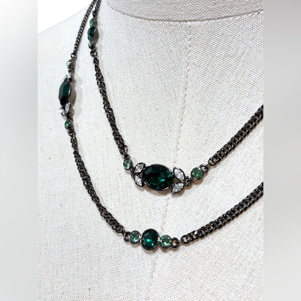 GIVENCHY Vintage Emerald Green Crystal Gunmetal Layered Necklace